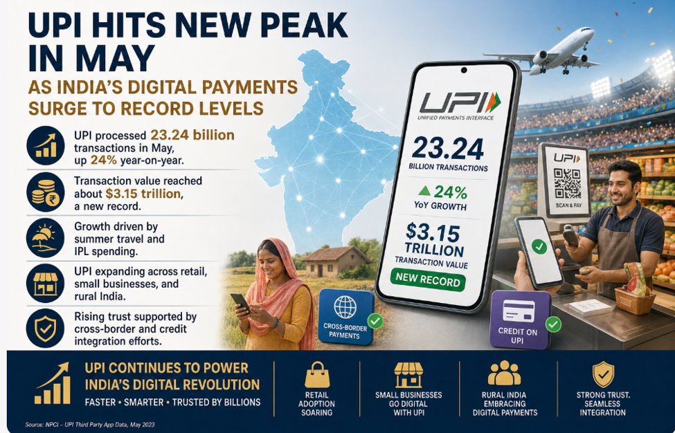 UPI set new records in May 2026, processing 23.24 billion transactions — a 24% year-on-year rise. Transaction value hit $3.15 trillion, boosted by summer travel and IPL spending. Expansion across retail, small businesses, and rural India continues, while cross-border and credit integration efforts strengthen trust, cementing UPI’s role as India’s dominant digital payments backbone.
