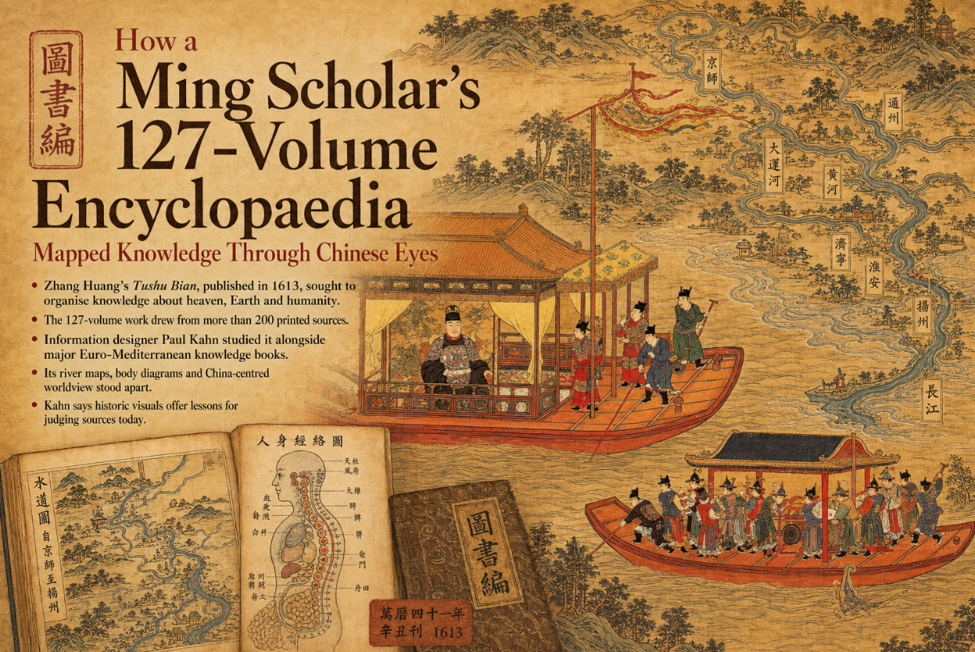 Zhang Huang’s 1613 work, Tushu Bian, organized knowledge on heaven, Earth, and humanity in 127 volumes, drawing from over 200 sources. Information designer Paul Kahn analyzed it alongside European works, noting its unique river maps, body diagrams, and China-centric perspective. Kahn highlights the value of historic visuals in teaching source evaluation today.