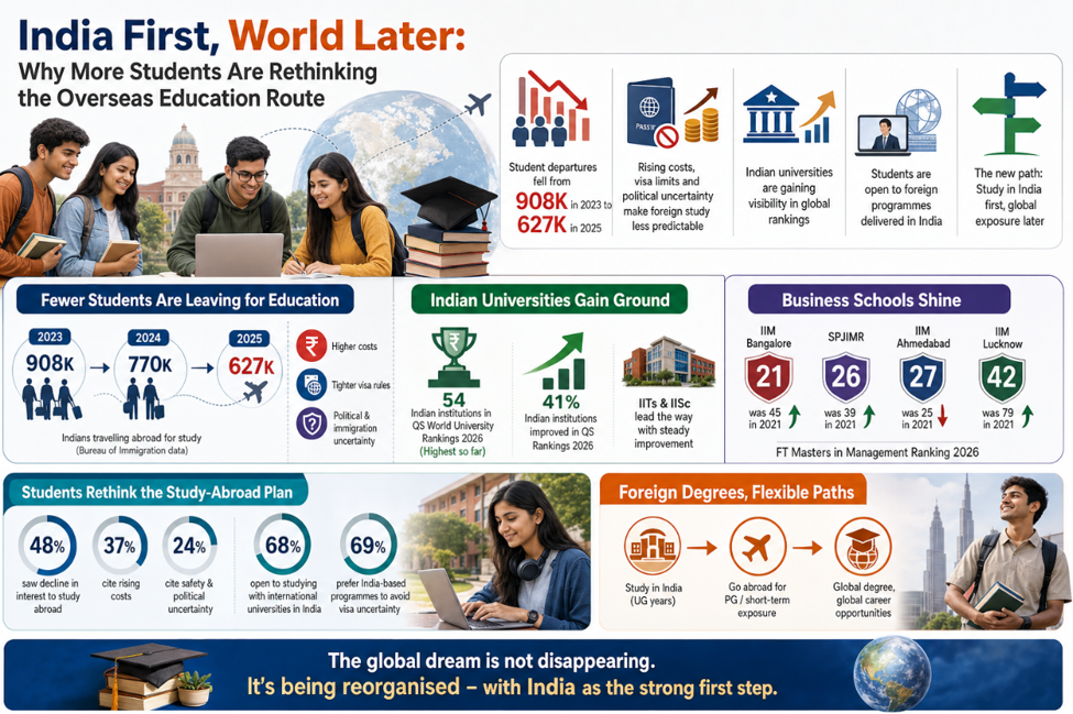 Indian student departures for education abroad dropped from 908,364 in 2023 to 626,606 in 2025 due to rising costs, visa limits, and political uncertainty. Indian universities, like IITs and IISc, are gaining global recognition. Students prefer foreign university programs offered domestically, adopting a model of studying in India first and seeking overseas exposure later.