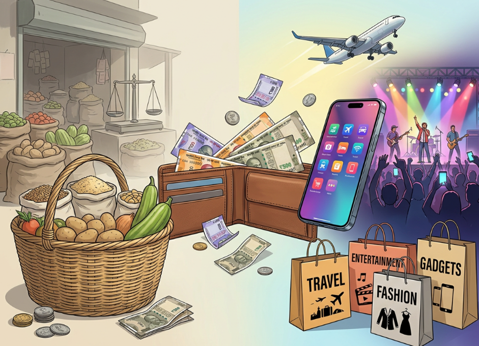 India’s consumption is shifting toward experiences and premium goods. Overseas travel led outward spending in FY26 (₹1.45 lakh crore). Live events expanded nationwide, including Tier-2 cities. Premium smartphones and digital services gained share, while food’s budget share fell. Uneven income growth, declining savings, and rising debt highlight financial stress amid evolving consumer priorities.