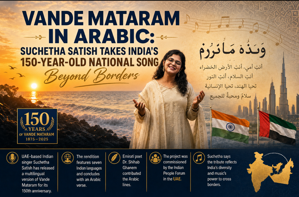 UAE-based Indian singer Suchetha Satish commemorated the 150th anniversary of "Vande Mataram" with a multilingual rendition featuring seven Indian languages and an Arabic verse by Emirati poet Dr. Shihab Ghanem. Commissioned by the Indian People Forum in the UAE, the project highlights India's diversity and the unifying power of music across borders.