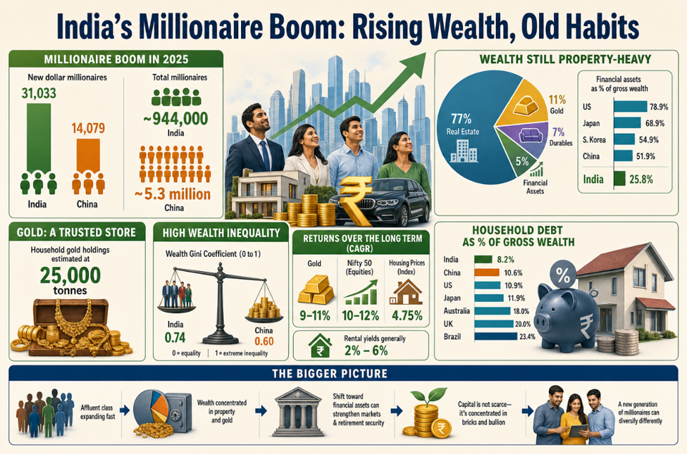 In 2025, India saw 31,033 new dollar millionaires, surpassing China, with nearly 944,000 total millionaires. Indian wealth remains property-focused; only 25.8% is in financial assets compared to 78.9% in the US. Household gold holdings are about 25,000 tonnes. Wealth inequality is significant, with a Gini coefficient of 0.74.
