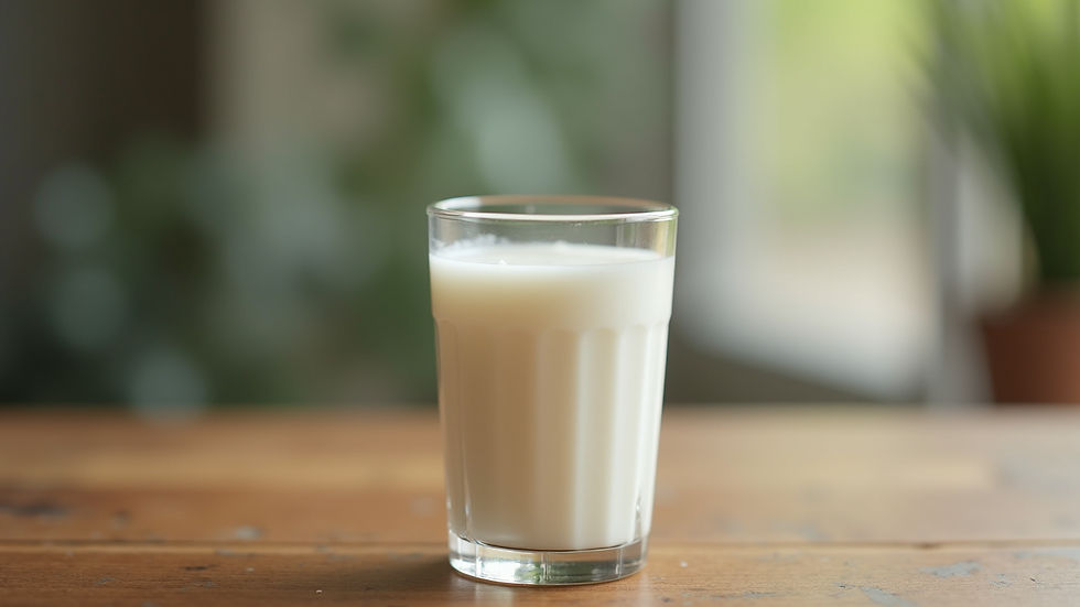 Close-up view of a glass of fresh A2 milk on a wooden table