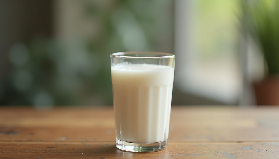 Close-up view of a glass of fresh A2 milk on a wooden table