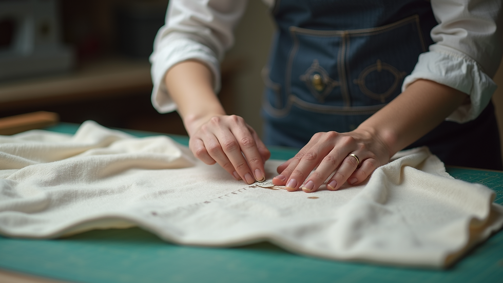 Close-up view of a tailor measuring fabric on a cutting table