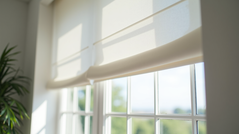 Eye-level view of elegant white Roman blinds covering a large window