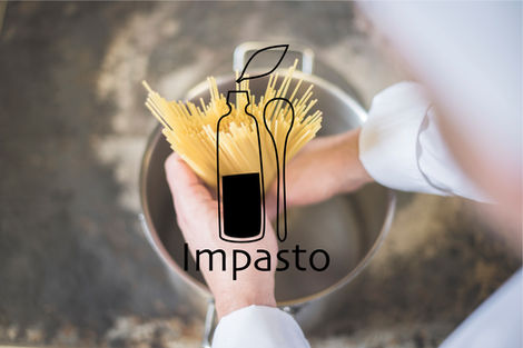 a person is cooking spaghetti in a pot with a logo that says impasto