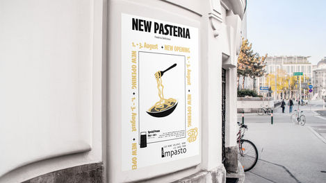 a poster on a wall that says new pasteria fresh & delicious