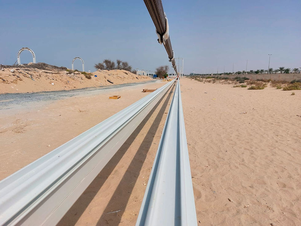 uSky Transport - Test Track No. 4 at the stage of composite fiberglass boxes installation. The required rail body rigidity, electrical insulating properties and low density made it possible to create the optimal string-rail design for large spans