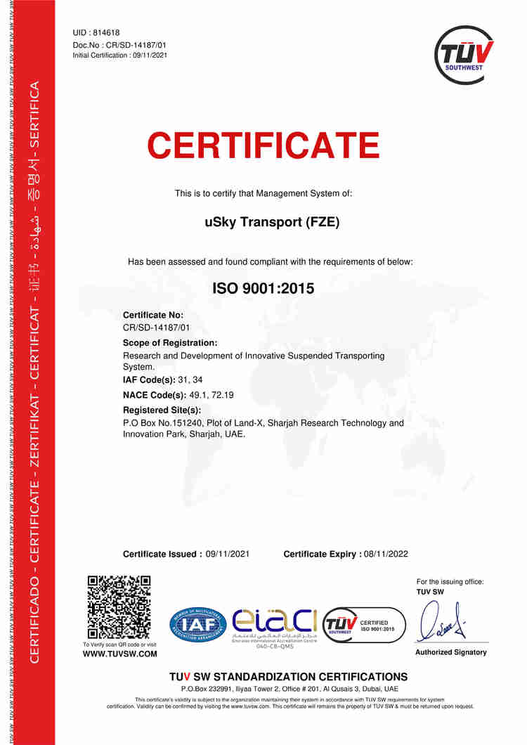 Chứng chỉ quản lý chất lượng ISO 9001: 2015 được cấp cho uSky Transport