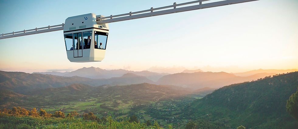 uSky Transport: Architectural visualization of a uSky Transport string route – the transport of the future, integrated into nature