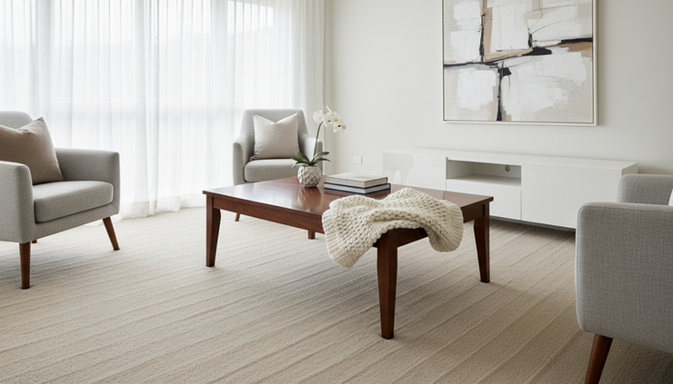 Wide-angle view of a bright living room with freshly vacuumed floors and neatly arranged furniture