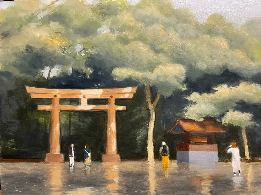 Couple arguing near Harajuku entrance to Meiji Shrine - 9x12 oil on cradled panel