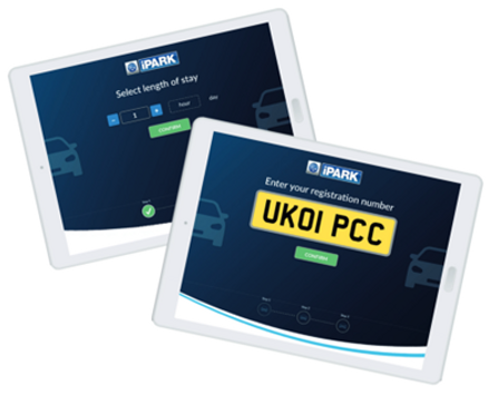 Two tablets displaying different pages of UKPC's iPark app.