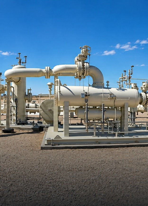 Natural gas processing facility with separator vessels and piping