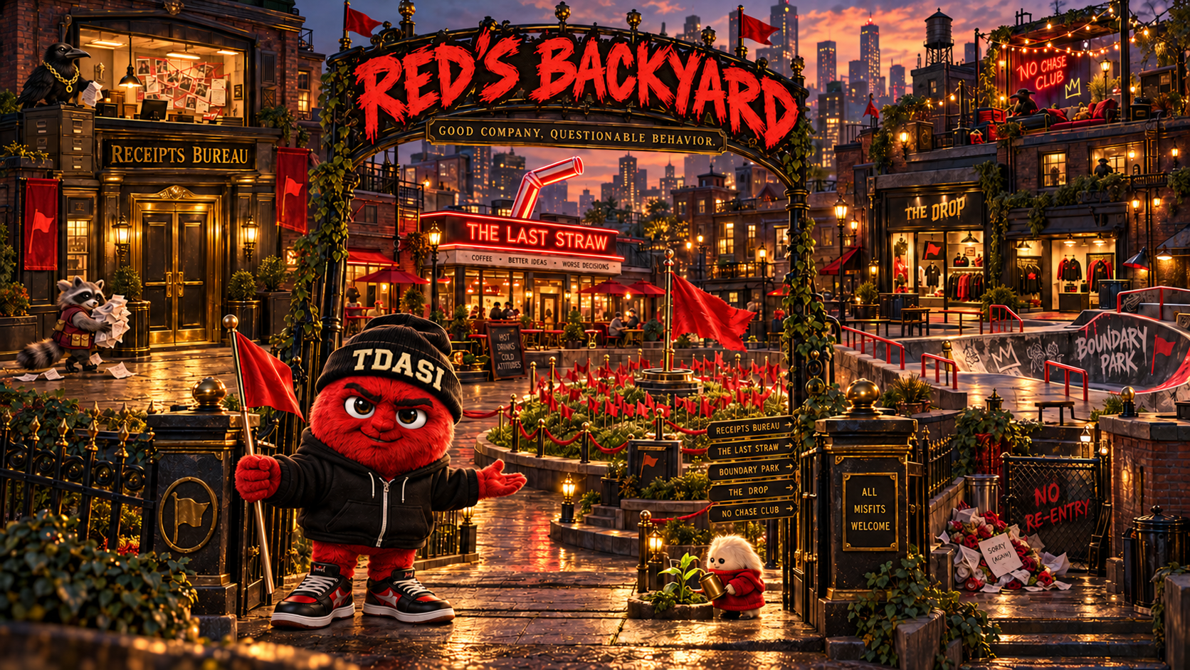 Red in his signature black TDASI beanie welcoming visitors to Red’s Backyard, with the Receipts Bureau, diner, skatepark and rooftop club
