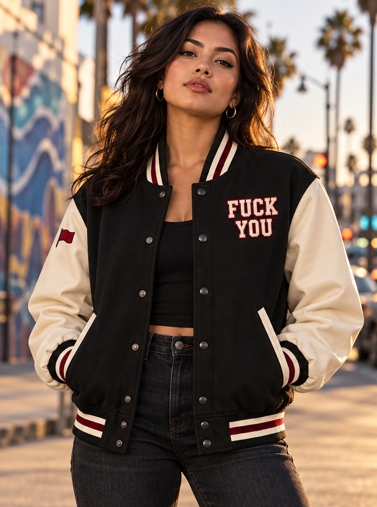 UNBOTHERED Letterman Jacket — actual Shop Red Flags product photo