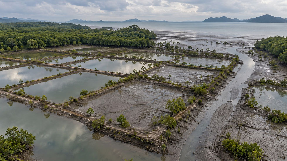 Bassins aquacoles abandonnés sur une côte à mangrove, à marée basse (illustration).
