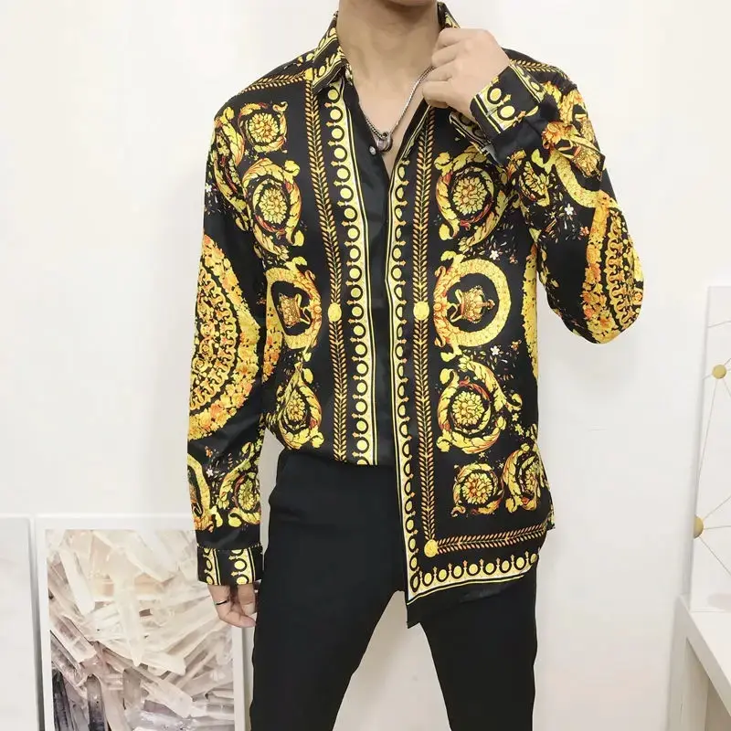 Thumbnail: Newest Autumn Shirts For Men 3D Baroque Long Sleeve Luxury Social Shirt V-neck O