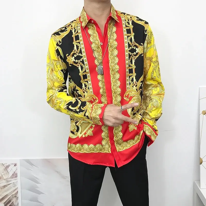 Newest Autumn Shirts For Men 3D Baroque Long Sleeve Luxury Social Shirt V-neck O