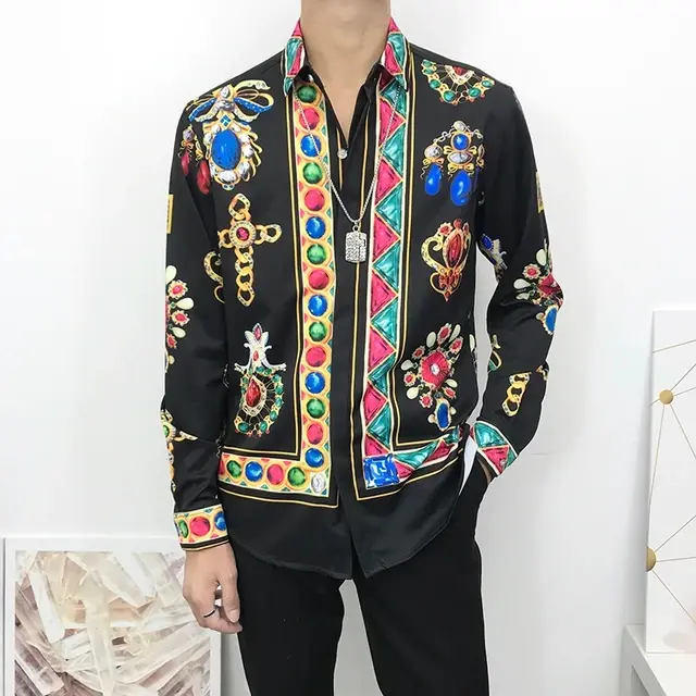 Thumbnail: Newest Autumn Shirts For Men 3D Baroque Long Sleeve Luxury Social Shirt V-neck O