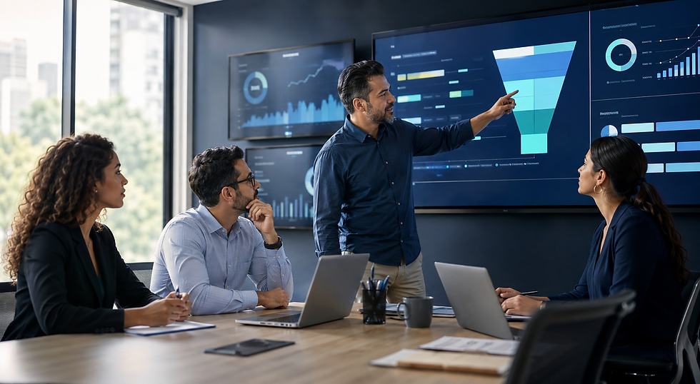 Equipe analisando funil e processo comercial de uma empresa de serviços