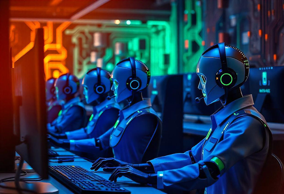 AI-driven voice bots efficiently handling multiple customer service calls at once in a high-tech call center.