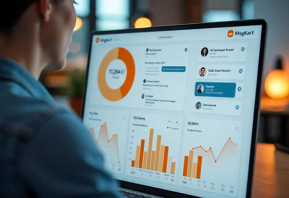 Futuristic dashboard showcasing AI-driven multi-channel business communication with RCS messaging, emails, and voice calls, featuring Msgkart branding and an orange theme.