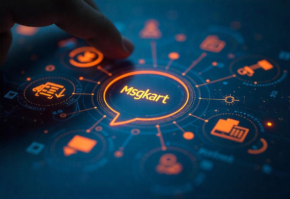 Infographic-style visual showing the core components of RCS messaging: chatbots, voicebots, AI, and multi-channel communication. The design uses a minimalist style with orange accents, and the Msgkart logo is placed in the center.