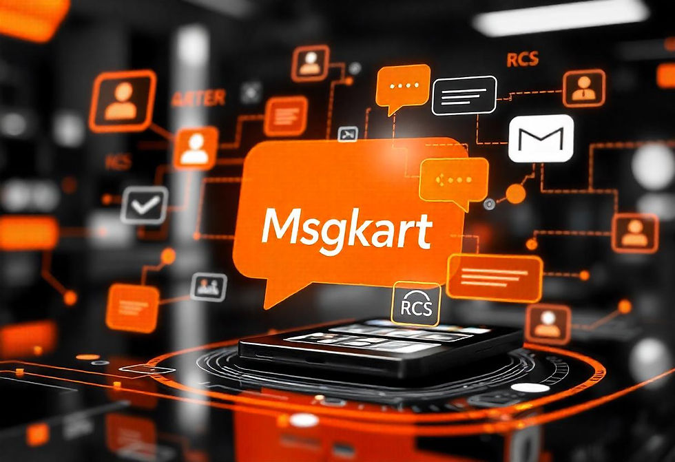 Close-up of a digital screen showing multi-channel messaging flow with RCS, chatbots, and AI agents. The dynamic flow is highlighted with orange accents, and the Msgkart logo is prominently placed on the screen, set against a professional tech background.