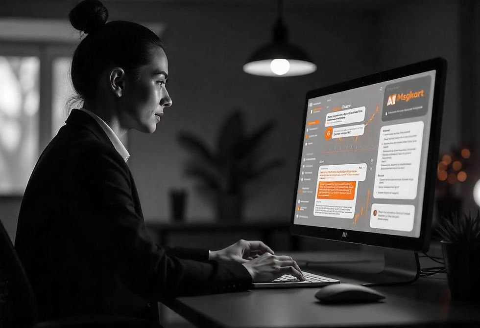 Abstract digital representation of AI-driven marketing, showcasing chatbot, voicebot, and campaign analytics with Msgkart’s orange branding.