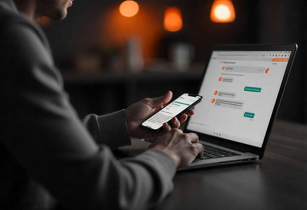 Customer interacting with synchronized RCS notifications on multiple devices, showcasing Msgkart’s multi-channel solutions in an orange-themed design.