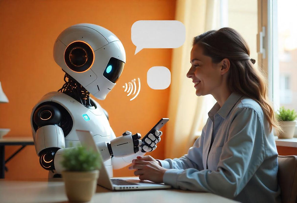 Chatbot and voicebot collaboration with speech bubbles and waveforms in an RCS-powered communication system using Msgkart branding.