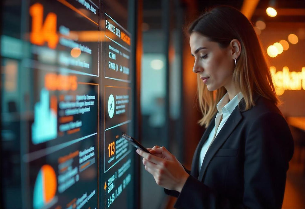 Business professional interacting with an RCS-powered virtual assistant, with use case statistics and customer engagement metrics, in a modern office with Msgkart branding and orange theme.