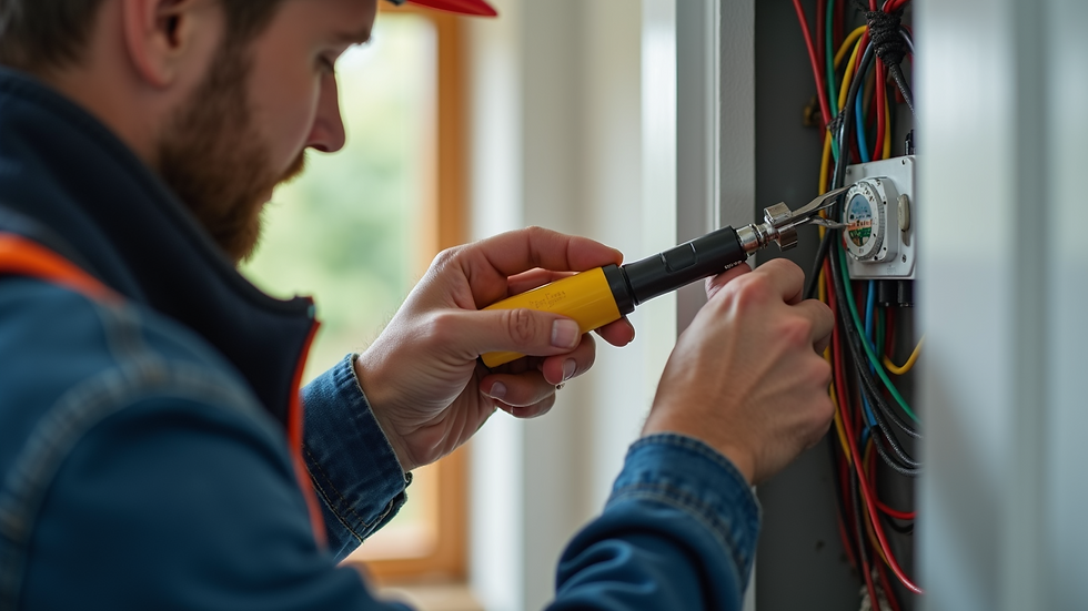 Close-up view of a certified home inspector using tools to check electrical wiring