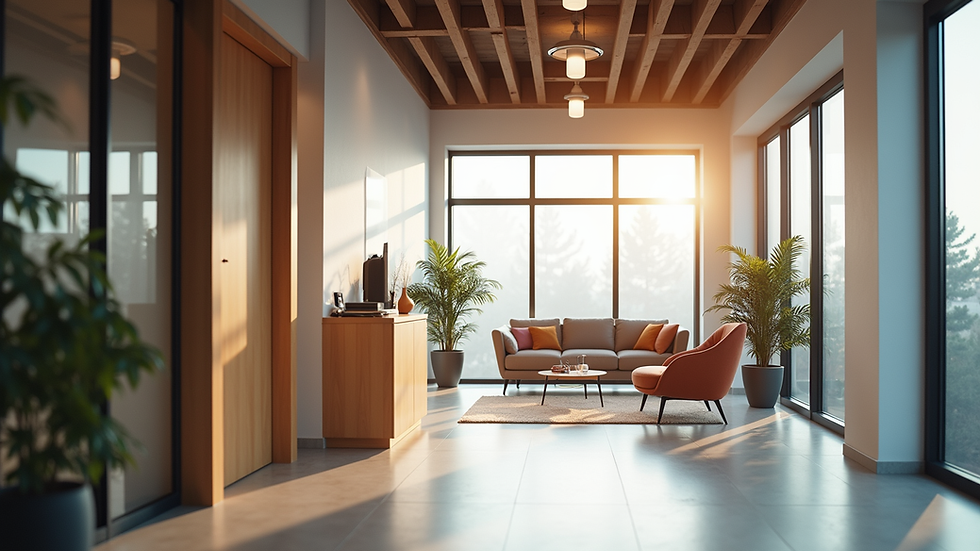 Wide angle view of a modern office space with a welcoming atmosphere