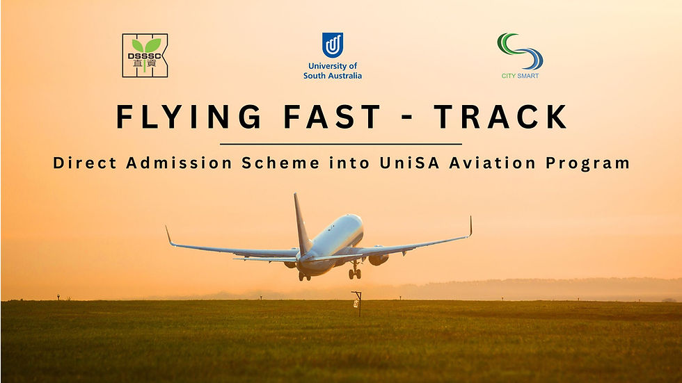 Airplane landing on a runway at sunset with text: "Flying Fast - Track" promoting UniSA Aviation Program. Logos at top.
