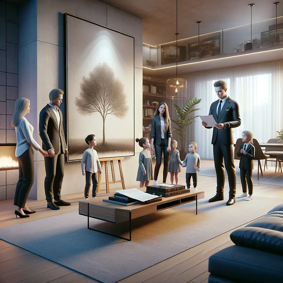 Family in an office with paperwork and a large artwork in the center of a tree.