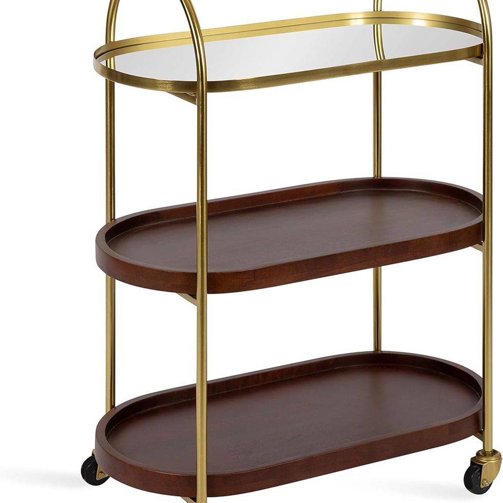 Three-tier oval bar cart with gold frame and wood shelves