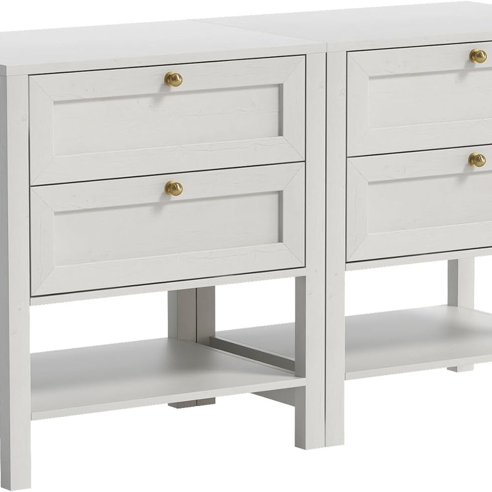 Pair of white nightstands with gold knobs and lower shelves