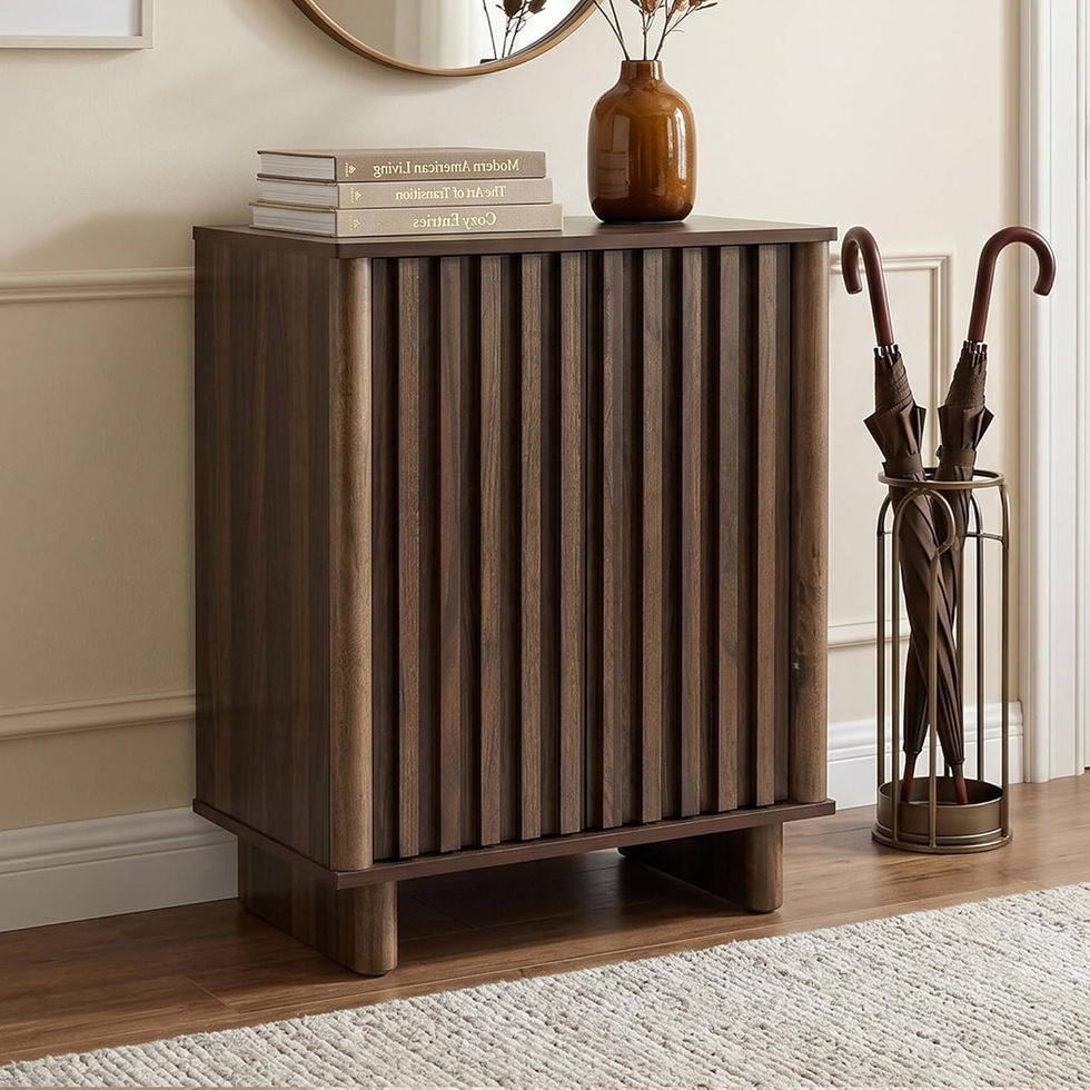 Modern wood cabinet with slatted doors in an entryway