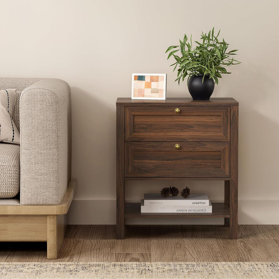 Wooden nightstand with two drawers next to a cozy sofa