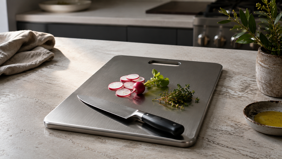 Titanium cutting board with sliced radishes, fresh herbs, and a chef knife on a modern stone kitchen counter.