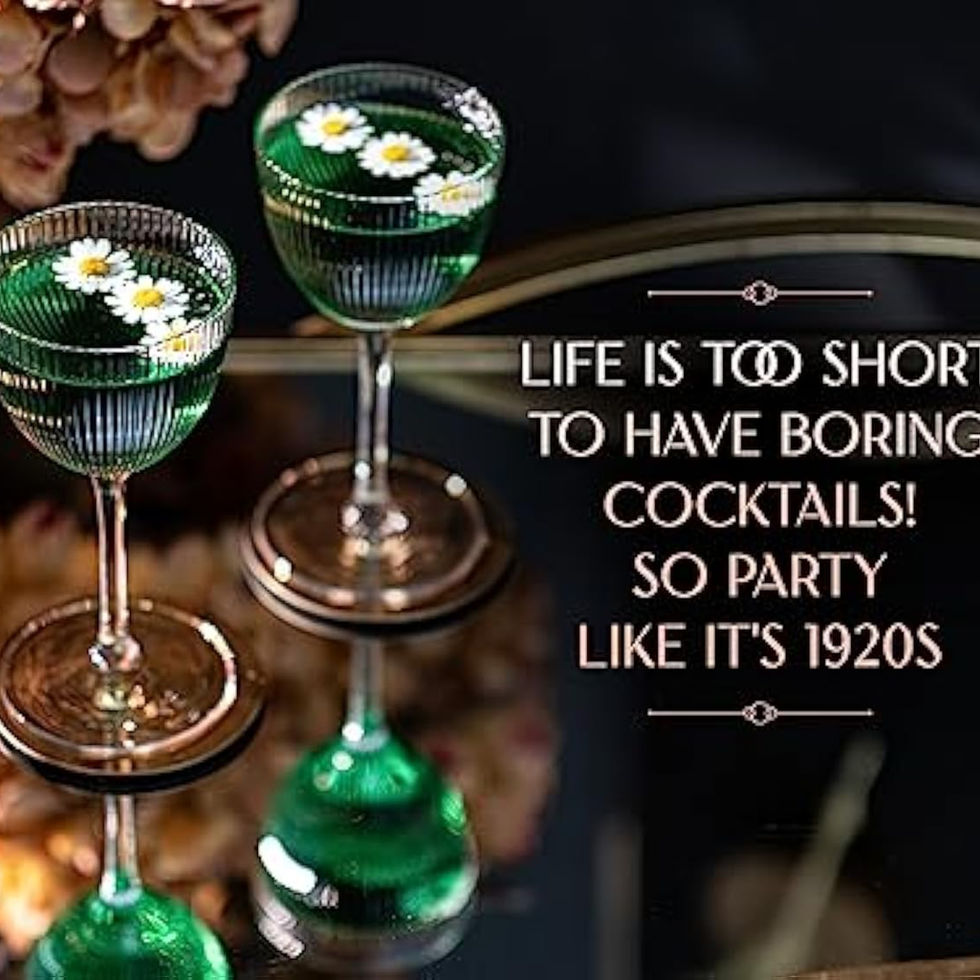 Two green cocktails topped with daisies and 1920s party quote