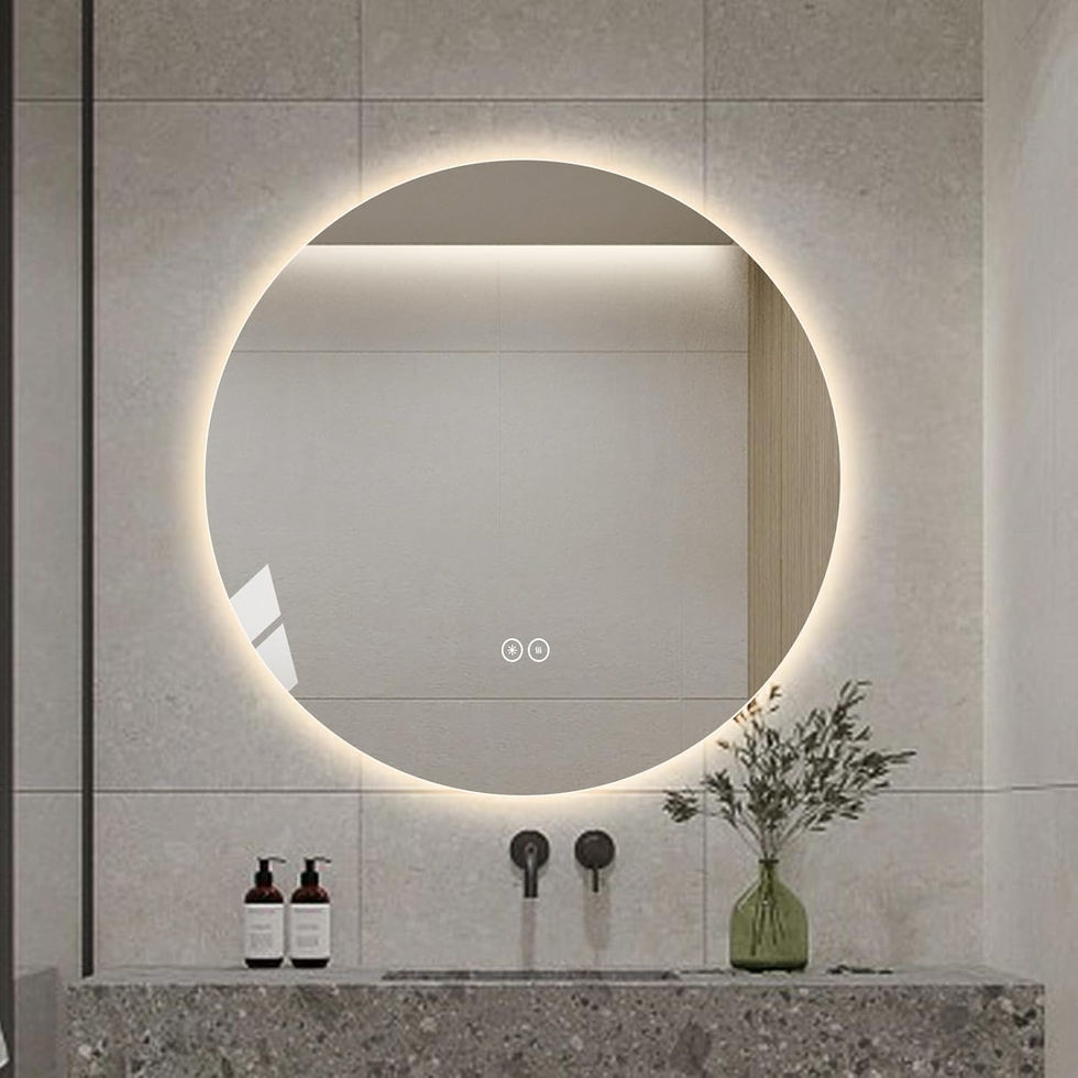 Round backlit LED mirror on a tiled bathroom wall