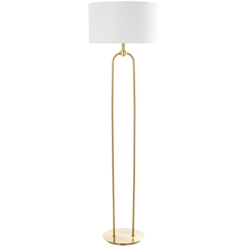 Modern gold floor lamp with a white drum shade