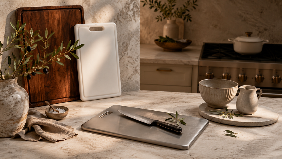 Wood, plastic, and titanium cutting boards styled in a warm luxury kitchen with ceramics, olive branches, and natural light.