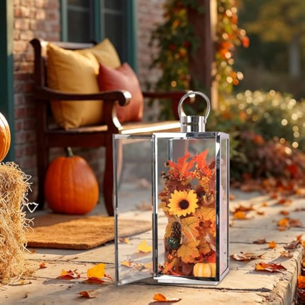 Silver lantern on a patio with autumn décor and pumpkins.