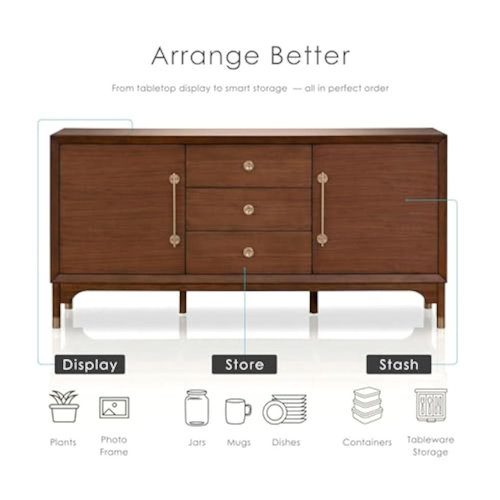 Wood sideboard with storage and display layout diagrams.