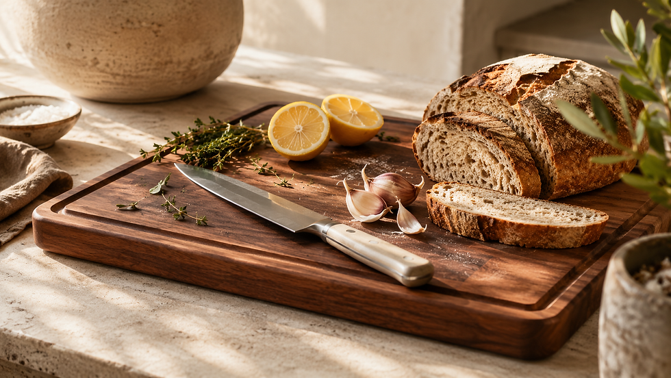 Wood cutting board styled with artisan bread, herbs, garlic, lemons, and a kitchen knife on a warm marble countertop.